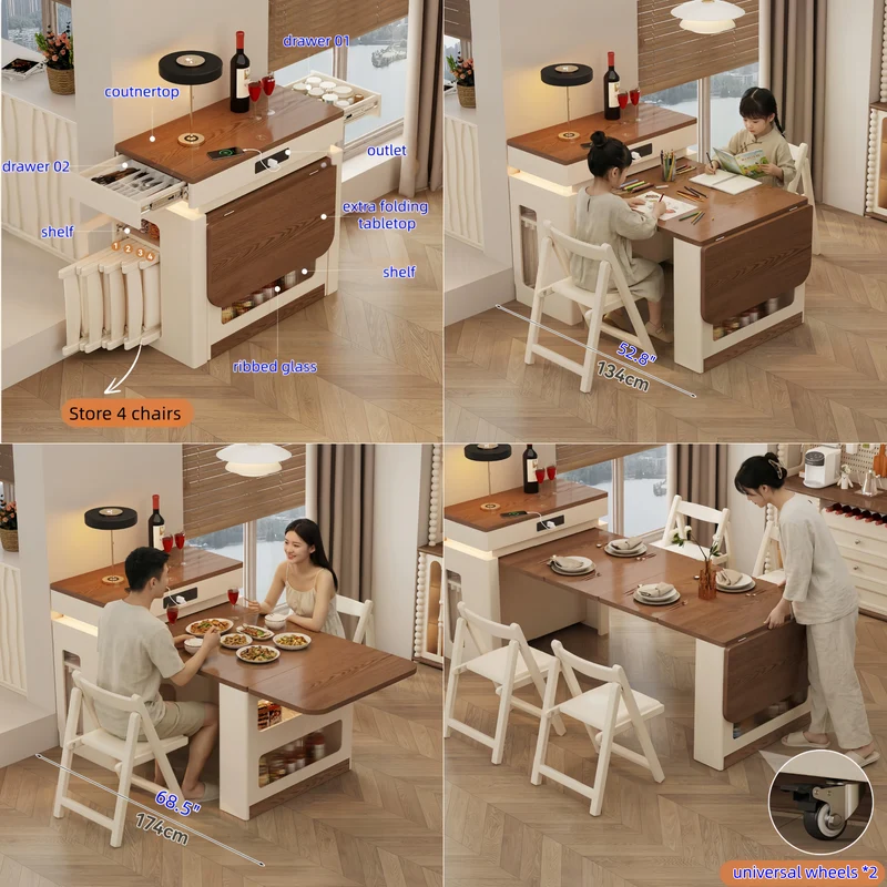 Ausziehbarer Kücheninseltisch aus Massivholz mit 4 Stühlen (Set)
